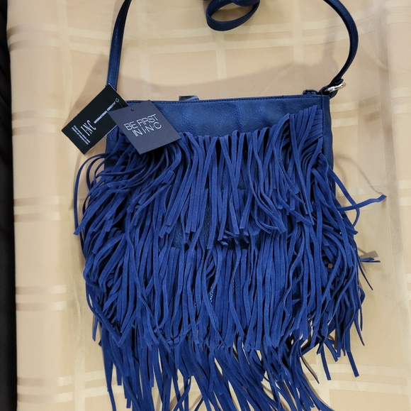 INC International Concepts Blue Fringe Crossbody Bag - Picture 1 of 7